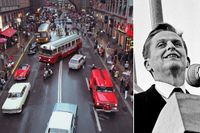 Så här såg det ut på på Kungsgatan i Stockholm vid 30-årsjubileet av omläggningen till högertrafik, 1997. Då övergick Kungsgatan till tillfällig vänstertrafik mellan klockan 17 och 19. Det var Olof Palme som 1967 i rollen som kommunikationsminister drev igenom det historiska trafikskiftet.
