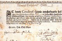 Sveriges första bank Stockholms Banco inrättades 1656 av Johan Palmstruch som också var den som uppfann sedeln.