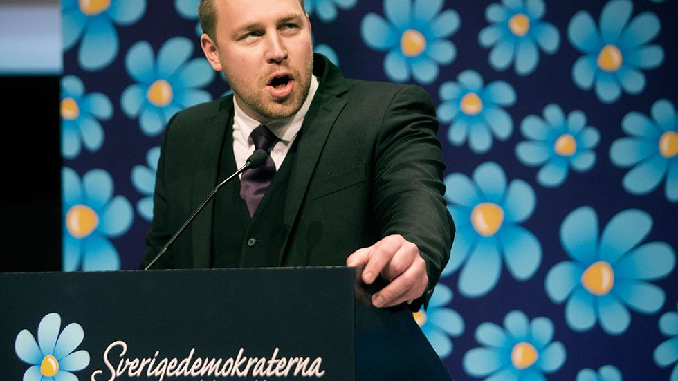 SD-ledaren Mattias Karlsson håller tal på Sverigedemokraternas Kommun- och landstingskonferens på ACC i Västerås.