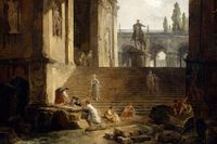 Hubert Roberts målning ”Pittoresk vy över Capitolien” skildrar en lika monumental som förfallen arkitektur men också den lilla romerska vardagen.