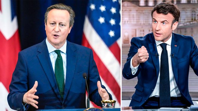 Storbritanniens utrikesminister David Cameron och Frankrikes president Emmanuel Macron.