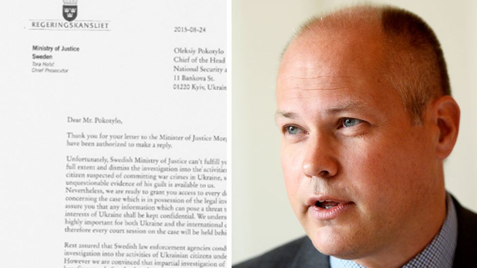 Enligt brevet svarar chefsåklagare Holst på vad som ser ut att vara en fråga från Ukraina till Sveriges justitieminister Morgan Johansson.