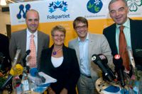 Den borgerliga alliansen presenterade sitt valmanifest inför valet 2006 vid en pressträff i Gustavsberg. Fr v Fredrik Reinfeldt (M), Maud Olofsson (C), Göran Hägglund (KD) och Lars Leijonborg (FP).