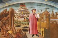 Dante mellan skärseldsberget och Florens, hållande ”Den gudomliga komedin” i sin hand, målning av Domenico di Michelino, 1465.