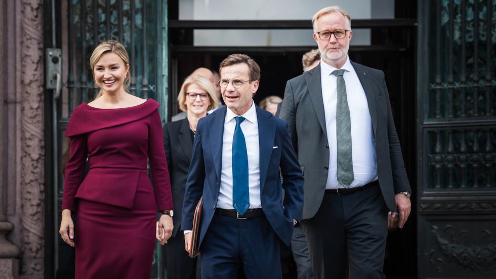 Näringsminister Ebba Busch, statsminister Ulf Kristersson och arbetsmarknads- och integrationsminister Johan Pehrson.
