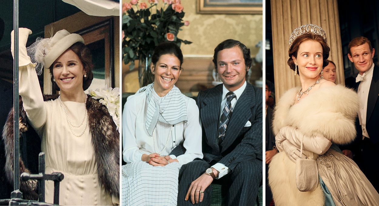 Sofia Helin som Kronprinsessan Märtha i  ”Atlantic crossing”, Kung Carl XVI Gustaf och drottning Silvia, 1975, Claire Foy som Queen Elizabeth II i säsong 1 av ”The crown”. 