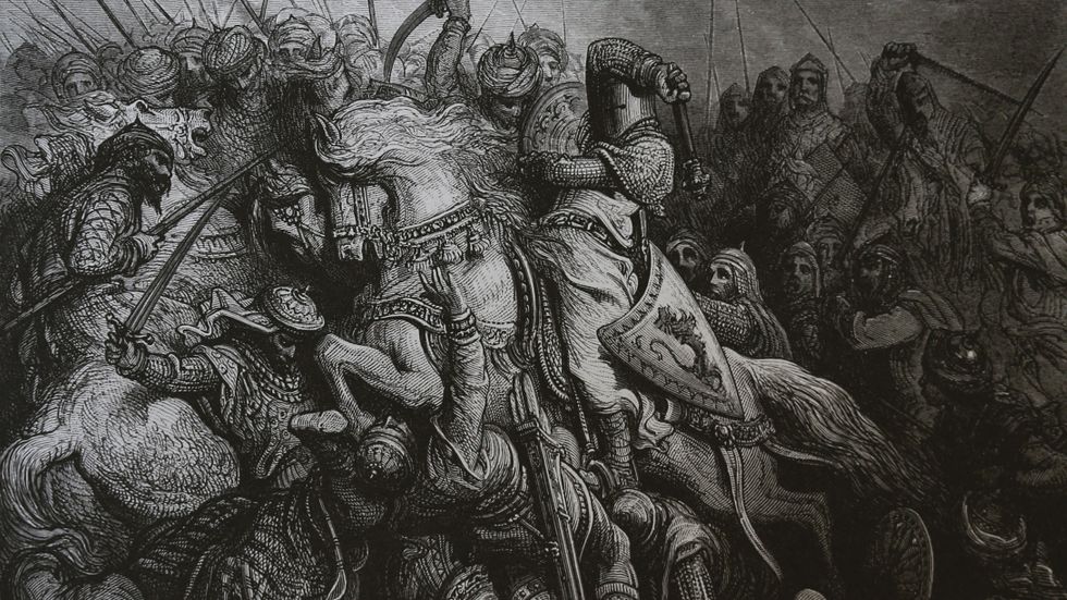 Illustration av Gustave Doré. Rikard Lejonhjärta och Saladin, Slaget vid Arsuf 1191. 