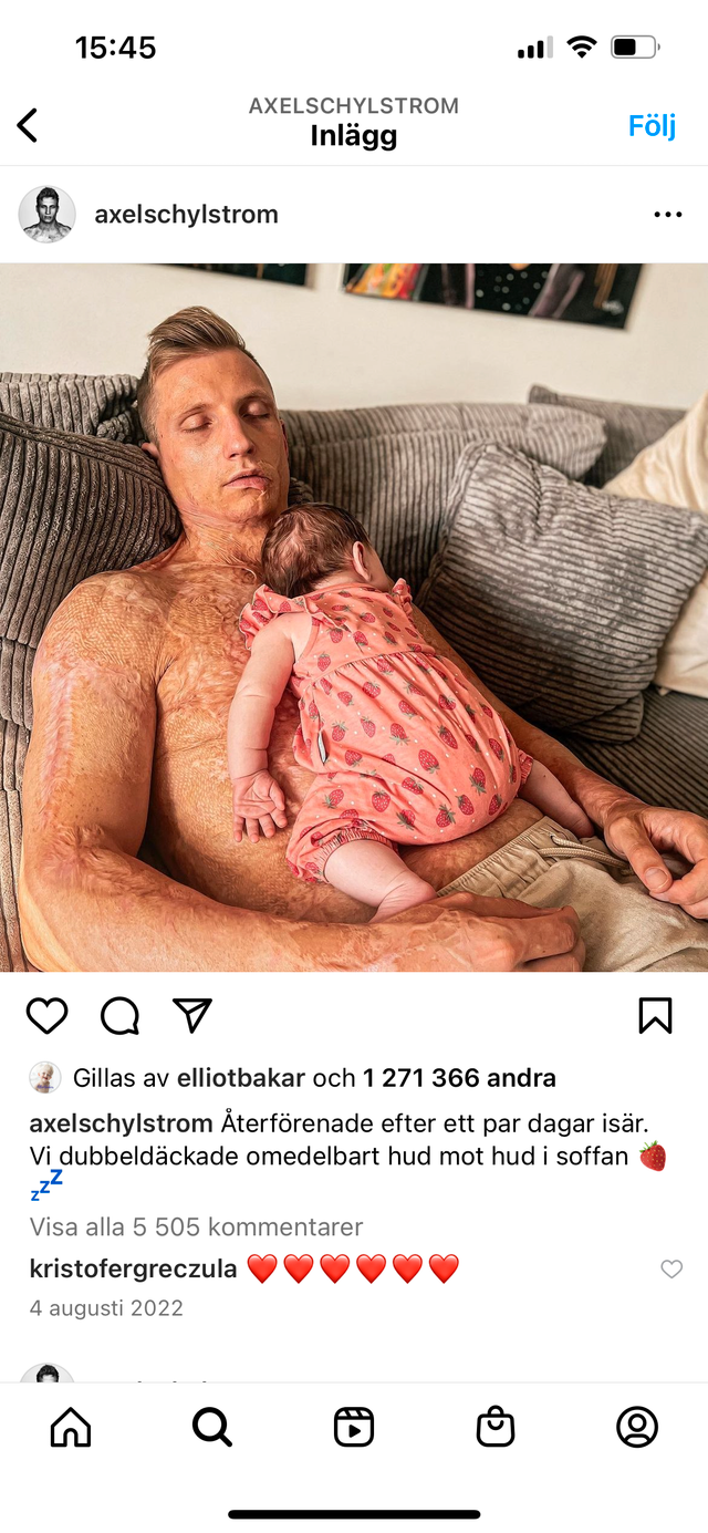 Instagramrekord! I augusti i fjol la Axel Schylström ut en bild när hans nyfödda dotter ligger på hans bröst. Det blev den mest gillade svenska bilden på Instagram under förra året, och någonsin. ”Det känns konstigt. Bilden var väldigt spontan och äkta och det var kul att så många uppskattade den”.