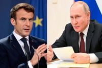 Rysslands president Vladimir Putin och Frankrikes president Emmanuel Macron uppges ha enats under söndagen om att verka för ett eldupphör i östra Ukraina. Bilden är ett montage.