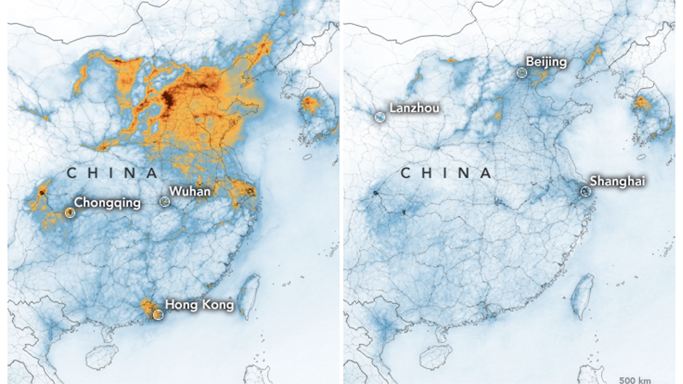 Till vänster är utsläppen av kvävedioxid 1–20 januari, och till höger 10–25 februari. Den 23 januari stängde Kina ner all trafik till och från Wuhan, där smittan upptäcktes.