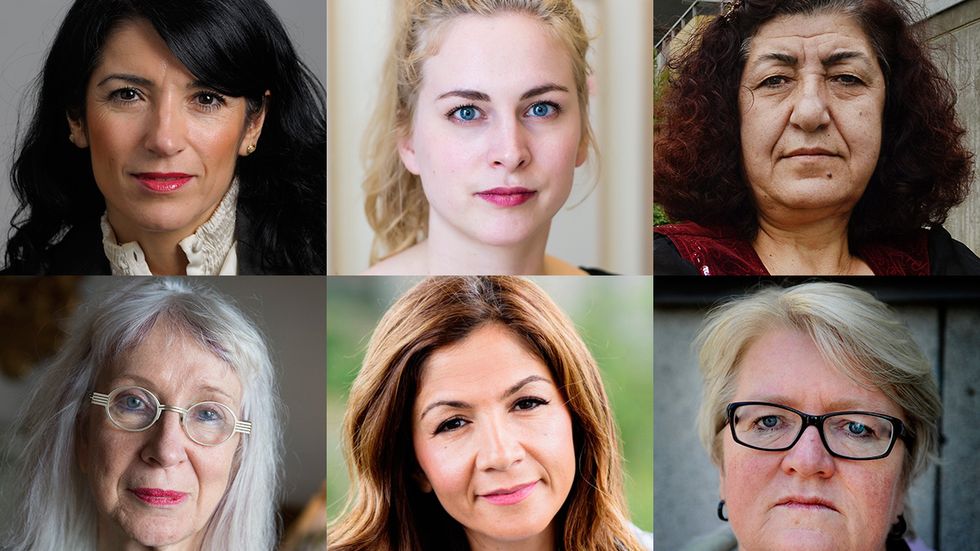 Några av artikelförfattarna. Övre raden från vänster: Amineh Kakabaveh, Clara Berglund, Zeliha Dagli. Nedre raden från vänster: Suzanne Osten, Gulan Avci, Carina Ohlsson. 