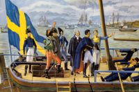 Jean Baptiste Bernadotte anländer till Helsingborg 1810, ­illustration av Arvid Fougstedt, skolaffisch från 1940-talet.