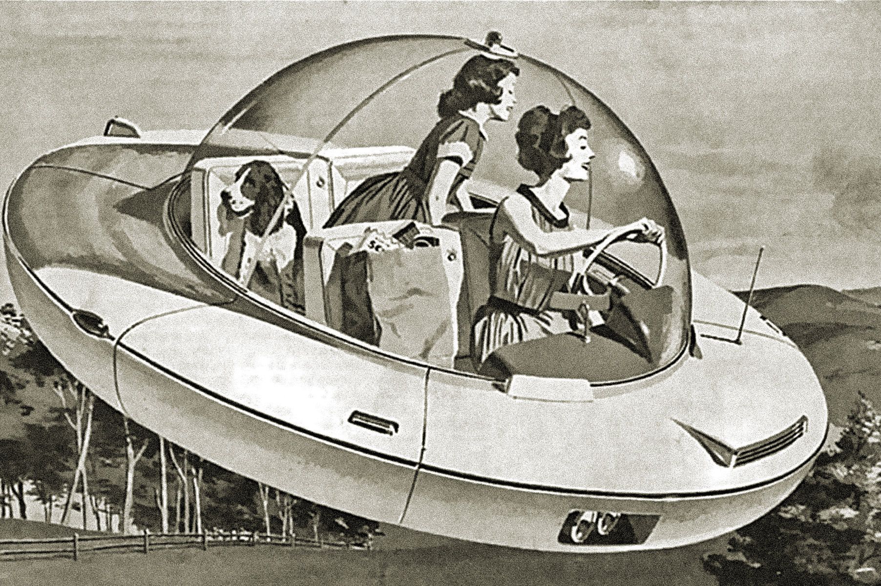 Flygande familjebil, futuristisk illustration från 1958.