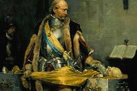 Albert Edelfelt har målat ” Hertig Karl skymfande  Klaus Flemings lik”. Bilden är beskuren.