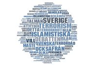 Ett ordmoln – en sammanställning av hur ofta olika ord används – av Jimmie Åkessons anföranden i riksdagen om våldsbejakande extremism den 21 januari 2011.
