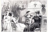 Hotellgäster i Paris lyssnar på en opera- eller teaterföreställning i direktsändning via teatrofon. Bilden publicerades 1892.
