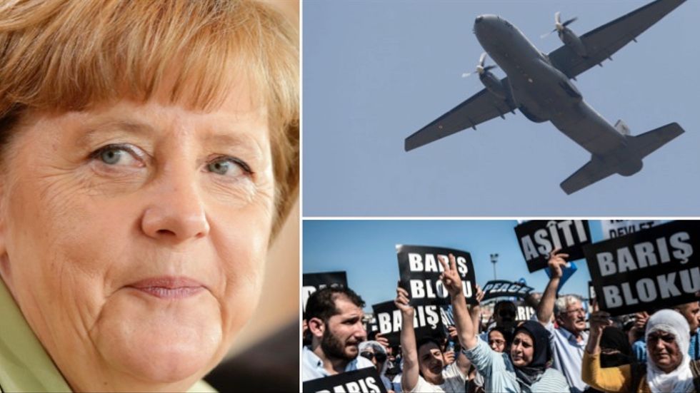Angela Merkel / Turkiskt stridsflygplan / Fredsprotest i Istanbul i dag
