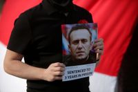 En demonstrant håller upp en bild av den fängslade ryske regimkritikern Alexej Navalnyj.