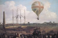 George Biggins stiger till höjden i Vicenzo Lunardis ballong utanför London 1785 på en målning av Julius Caesar Ibbetson från samma år. 