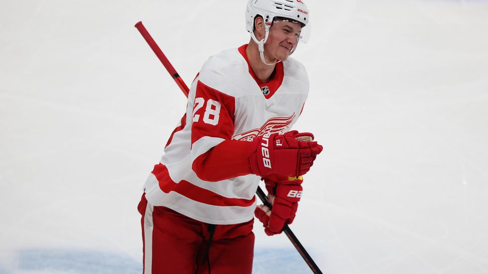 Detroits Gustav Lindström är glad efter att ha gjort sitt första NHL-mål.