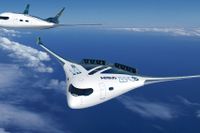 De nya vätgasdrivna planen kan komma att se ut som flygande vingar. Då kommer passagerarna att få sitta på nya sätt i planen. Bilden är skapad i dator.