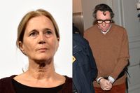 Katarina Frostenson tiger still.  Till höger: Våldtäktsdömde Jean-Claude Arnault anländer till rättegången i Svea hovrätt. 