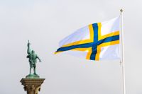 Sverigefinska flaggan vajar vid Stockholms stadshus på Sverigefinnarnas dag, som sedan 2011 firas den 24 februari.