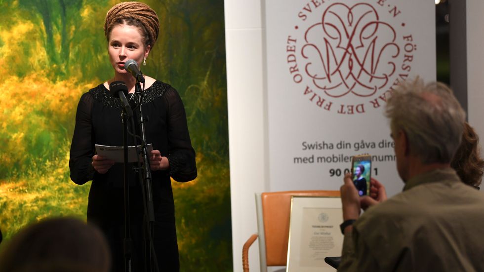 Kulturminister Amanda Lind (MP) vid prisutdelningen av Tucholskypriset.