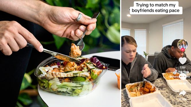 Män äter i ett rasande tempo. Åtminstone om man ska tro klipp som sprids på sociala medier. 