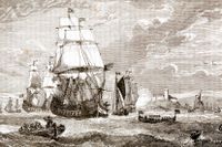 Ostindiska kompaniets flotta lämnar hamnen i Woolwich år 1601.