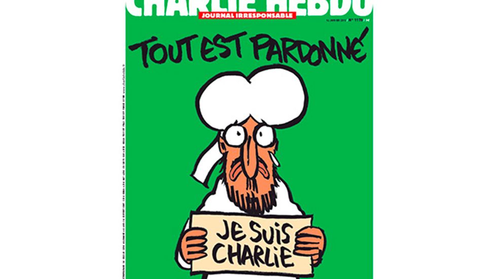Den nya förstasidan av Charlie Hebdo föreställer profeten Muhammed avbildad tillsammans med en skylt som har texten ”Je Suis Charlie” – ”Jag är Charlie”. Över bilden står rubriken ”Tout est pardonné” – ”Allt är förlåtet”.