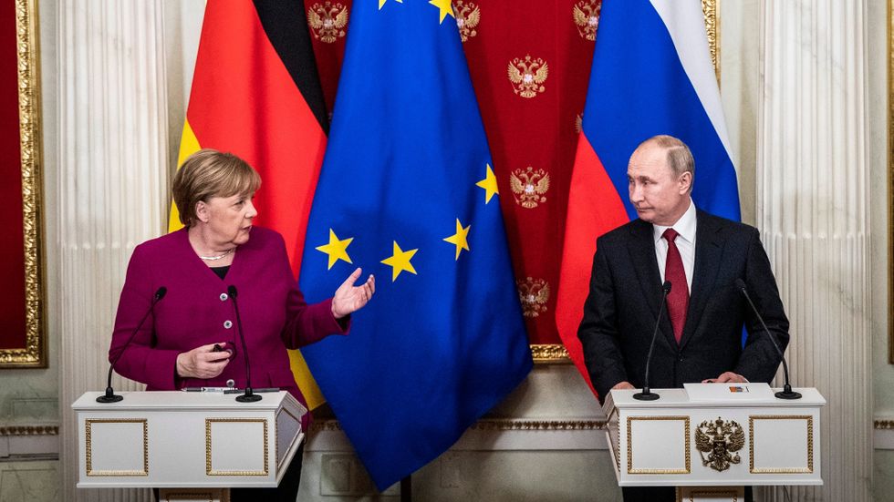 Angela Merkel och Vladimir Putin efter ett möte i Kreml i januari 2020.