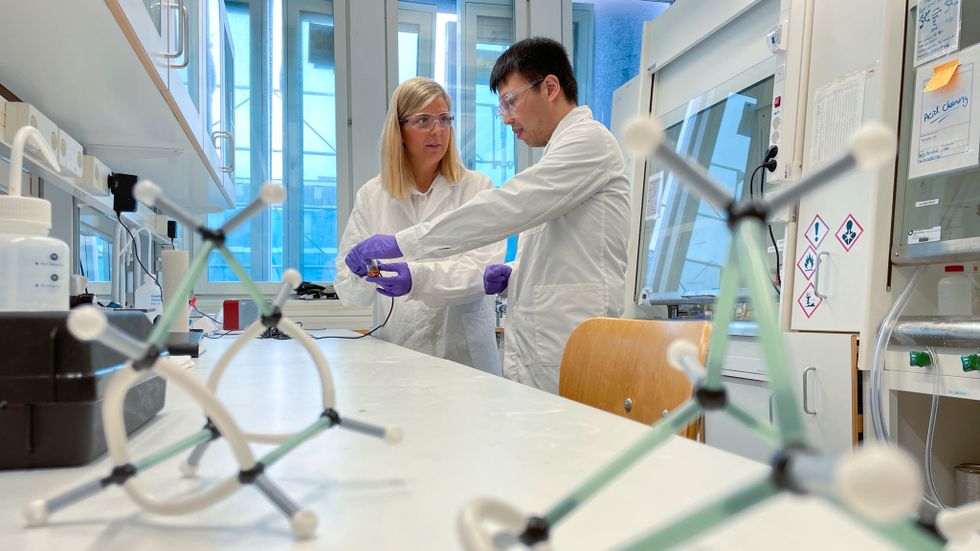 Maria Quant och Zhihang Wang i labbet där man undersöker hur man kan lagra solel i framtiden. 