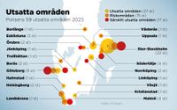 Kartan visar de städer i Sverige där polisens utsatta områden finns.