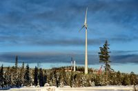 Ett av vindkraftverken i Markbygdens vindkraftpark på fjället i Markbygden utanför Piteå.