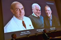 Harvey J Alter, Michael Houghton och Charles M Rice tilldelas årets Nobelpris i fysiologi eller medicin. Här presenteras de av Thomas Perlmann, sekreterare i Nobelförsamlingen.