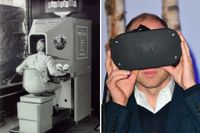 VR förr och nu: en ”Sensorama”-maskin från 1962, och Prins William på en teknikmässa i Helsingfors hösten 2017. 