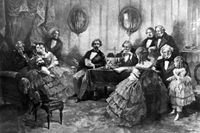 Charles Dickens (1812–1870) bjuder på högläsning, samtida illustration.