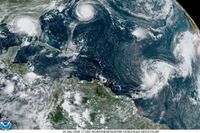 Satellitbild över de fem tropiska ovädren i Atlanten just nu: Sally i Mexikanska golfen, Paulette vid Bermuda samt de tre oväder som fått namnen Rene, Teddy och Vicky.