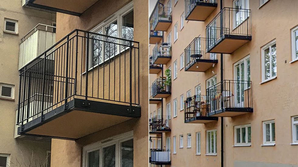 Två av balkongerna saknar dörr på Maria Prästgårdsgata.