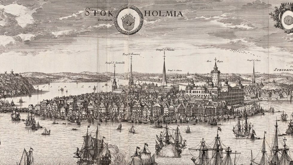 Stockholm från öster – gravyr från 1693 av Erik Dahlbergh, från ”Suecia antiqua et hodierna”.
