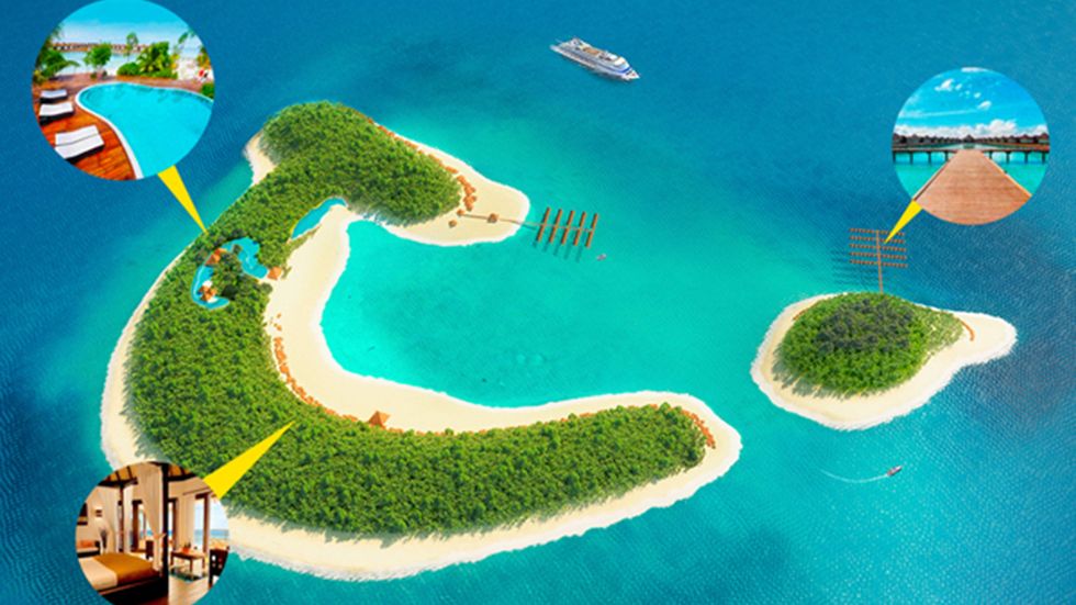 Aprilskämt: Fritidsresor, som ingår i resekoncernen TUI, bygger paradisö i Stilla Havet. Ön är slående lik TUI:s logga.