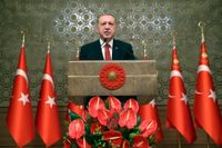 Turkiets president Recep Tayyip Erdogan i ett tal på fredagen.