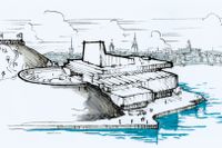 En skiss av scenografen Göran Wassberg visar hur en ny operabyggnad vid Masthamnen på Södermalm skulle kunna gestaltas. Observera att skissen inte visar ett färdigt arkitektförslag.