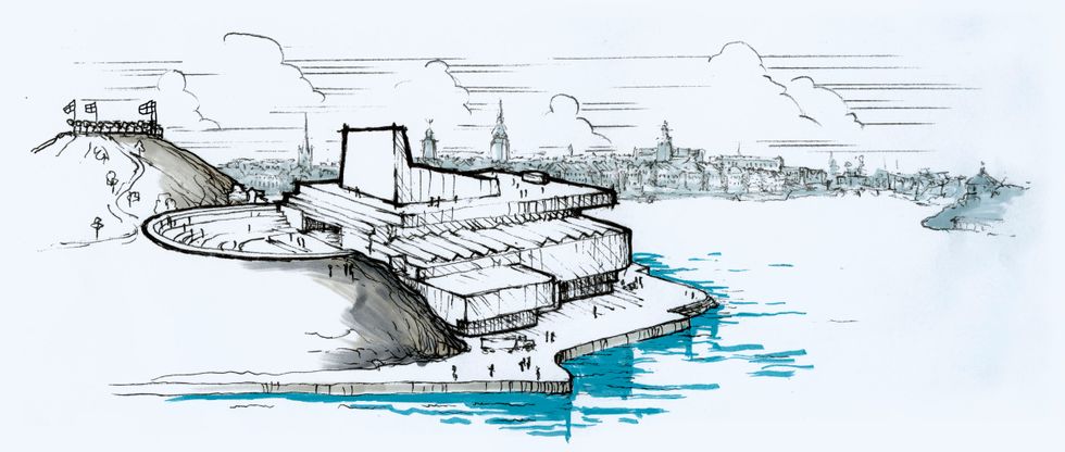 En skiss av scenografen Göran Wassberg visar hur en ny operabyggnad vid Masthamnen på Södermalm skulle kunna gestaltas. Observera att skissen inte visar ett färdigt arkitektförslag.