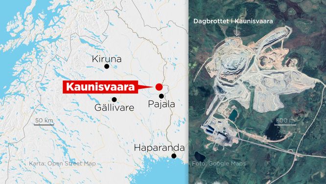 Kartan visar var gruvan i Kaunisvaara, som nu får utökat tillstånd, ligger.