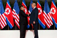 Nordkoreas ledare Kim Jong-Un och USA:s president Donald Trump i ett historiskt handslag vid toppmötet i Singapore under tisdagen.