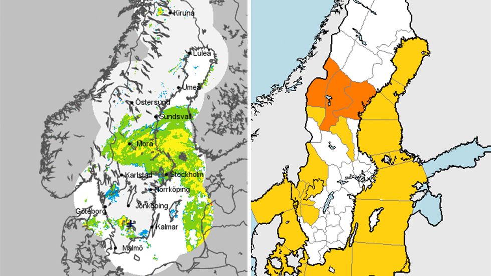 SMHI:s Radarbild från 22.30 på lördagen. Uppdaterade radarbilder hittar du på smhi.se. Kartan till höger visar var SMHI utfärdar klass 1- och 2-varningar.
