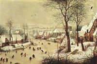 ”Vinterlandskap med skridskoåkare och fågelfälla” från 1565 av Pieter Brueghel den äldre.