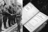 Nazipartiets chefsideolog Alfred Rosenberg (till vänster i bild) tillsammans med Hitler 1937. Richard Kobraks bok (t h) som författaren Anders Rydell återbördade till barnbarnet Christine Ellse i Storbritannien.